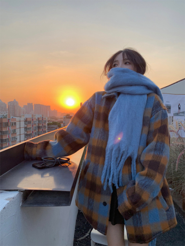 Real shooting real price winter and Korean sunset atmosphere contrast color woolen plaid warm quilted jacket