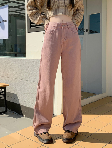 2022 autumn new style pink jeans women's high waist and thin straight loose wide leg mopping pants