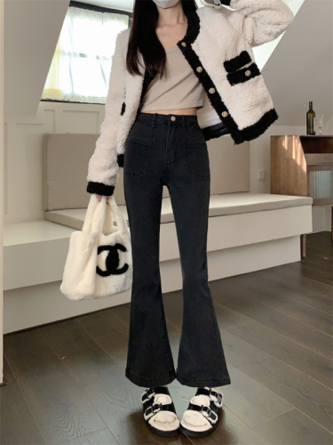 Real shot autumn and winter micro-trumpet black gray jeans women's high waist elastic slim fit horseshoe pants mopping long pants