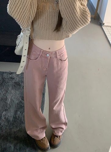 2022 autumn new style pink jeans women's high waist and thin straight loose wide leg mopping pants