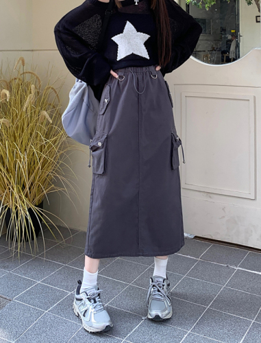 Real shooting real price 2022 autumn new American-style tooling skirt high waist and thin high-quality slit bag hip long skirt