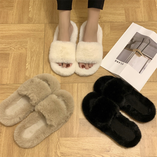 Real shot is not reduced, plush slippers, women's fashion, autumn and winter, new flat bottom, comfortable home, one word floor cotton shoes