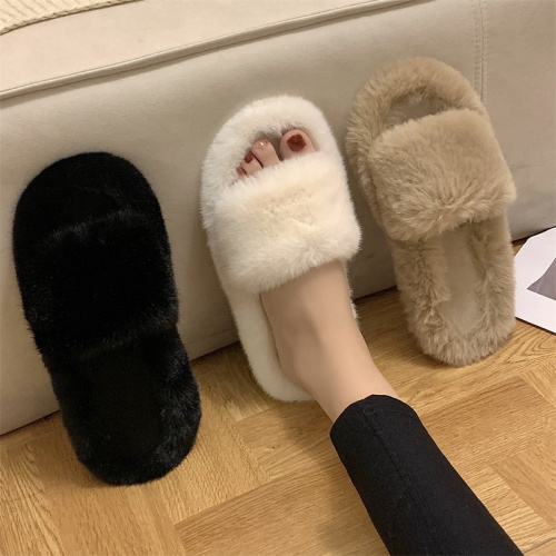 Real shot is not reduced, plush slippers, women's fashion, autumn and winter, new flat bottom, comfortable home, one word floor cotton shoes