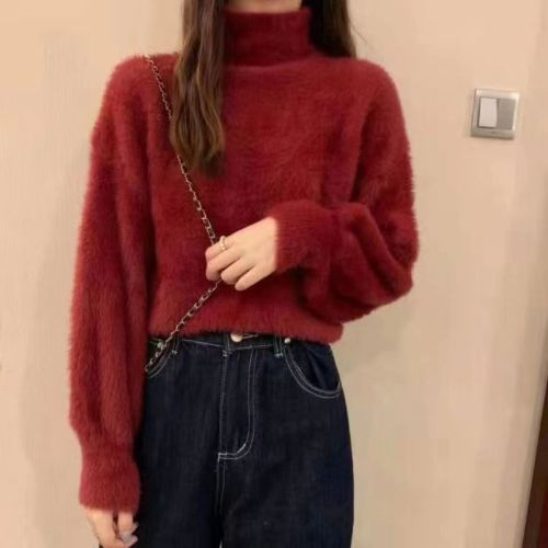 Mink velvet turtleneck thickened inner knitted sweater women's 2022 autumn and winter solid color long-sleeved bottoming top women