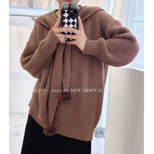  winter new European and Korean fashion wool ball hooded sweater coat fashion age-reducing wool sweater top long sleeve