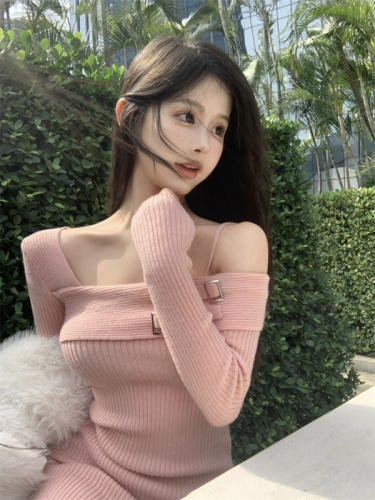 Net price real shot Autumn and winter new off-shoulder knitted dress design pure desire sweater dress