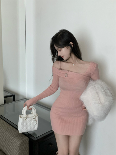 Net price real shot Autumn and winter new off-shoulder knitted dress design pure desire sweater dress