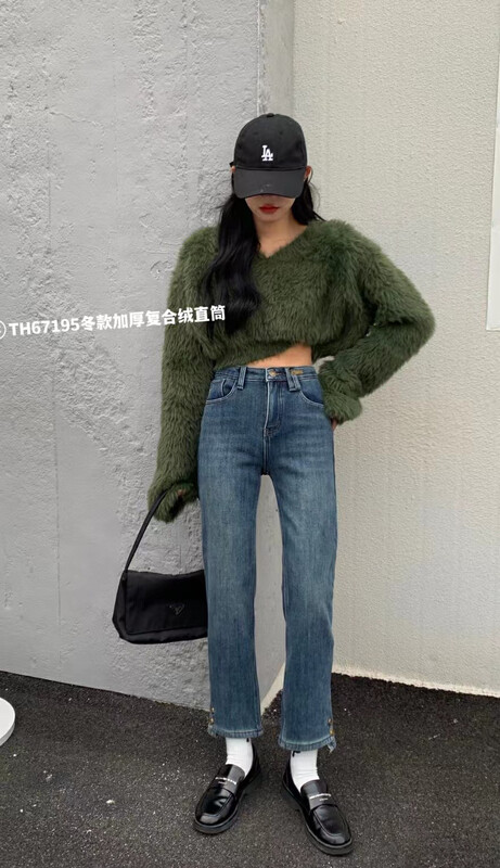 【T.H】Simple and versatile winter style composite velvet pipe jeans 67195# LSW
