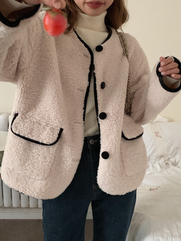 【LOVELY/SHMILY】Korean minimalist furry contrast coat short coat S2398