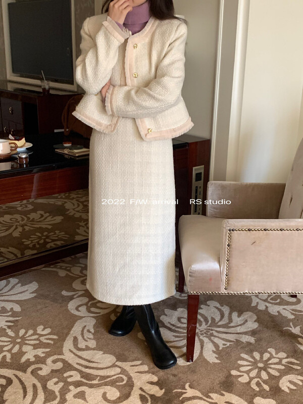 [RS] Fungus fringe small fragrance short coat + mid-length skirt suit LL0290# FHX