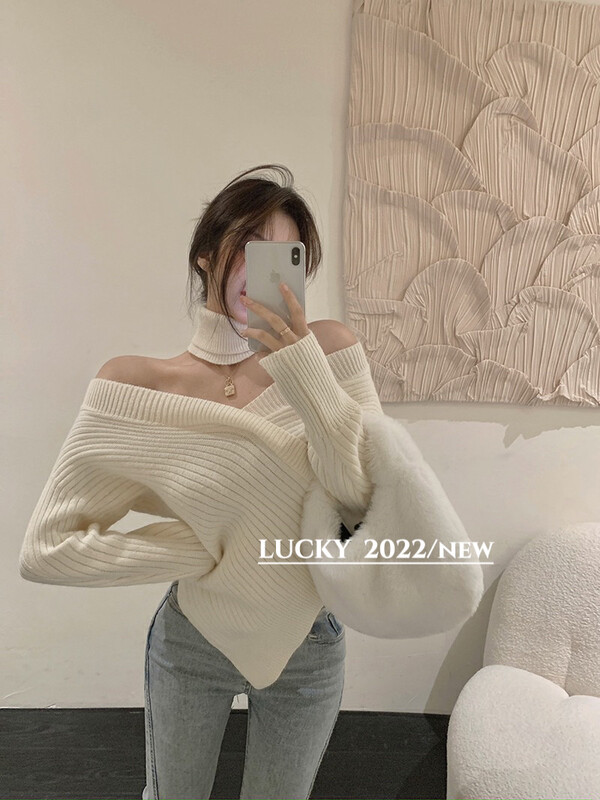 [LUCKY] Irregular off-the-shoulder sweater (with scarf) 9704# ZXX