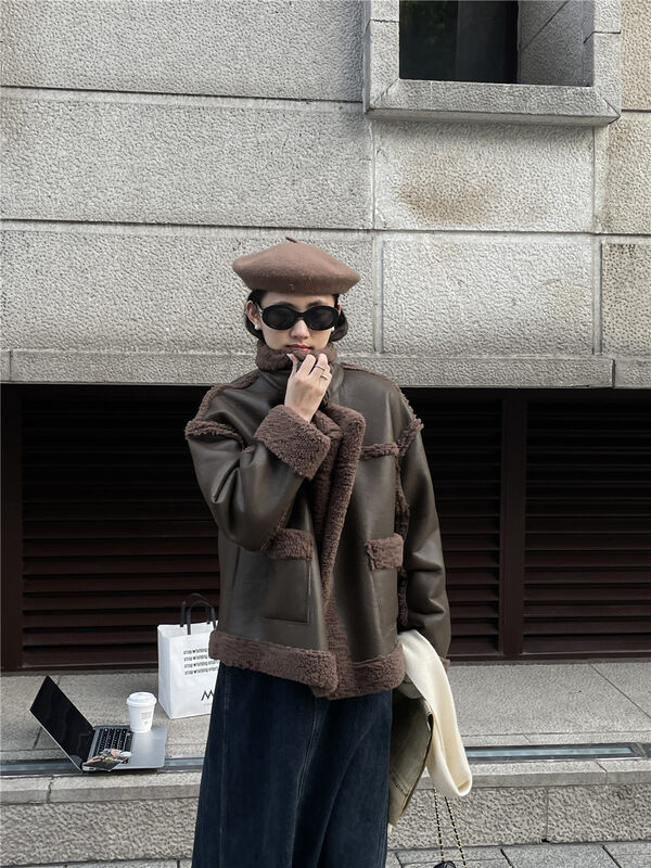 【TN】Fashionable all-match plus velvet fur leather jacket 1246# CLS
