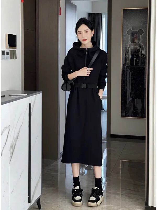 Original price 98.99! [Ou Zhengsha] Simple casual hooded dress (with belt) 19192# JJ