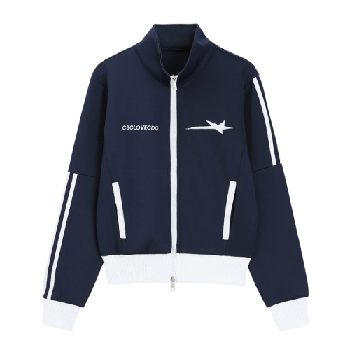 Real shot  autumn and winter new star design sense contrast double zipper short jacket cardigan women's jacket sports style