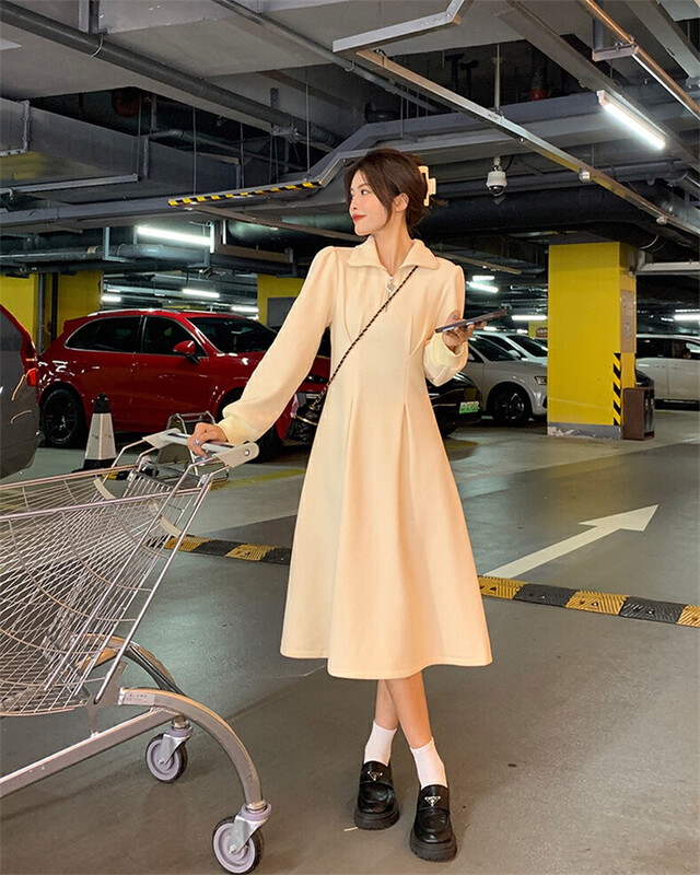 [Ou Zhengsha] waist slimming zipper long-sleeved fleece sweater dress 19286# JJ