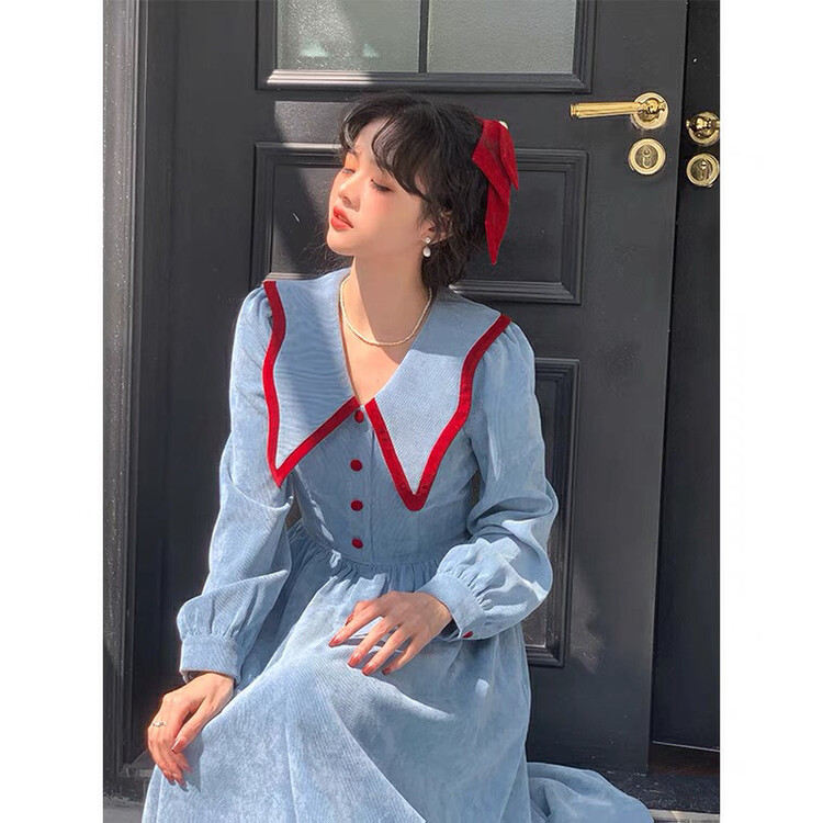 Original price 98.99! [Ouzhengsha] French style contrast color edge large lapel corduroy dress (with brooch) 19233# JJ