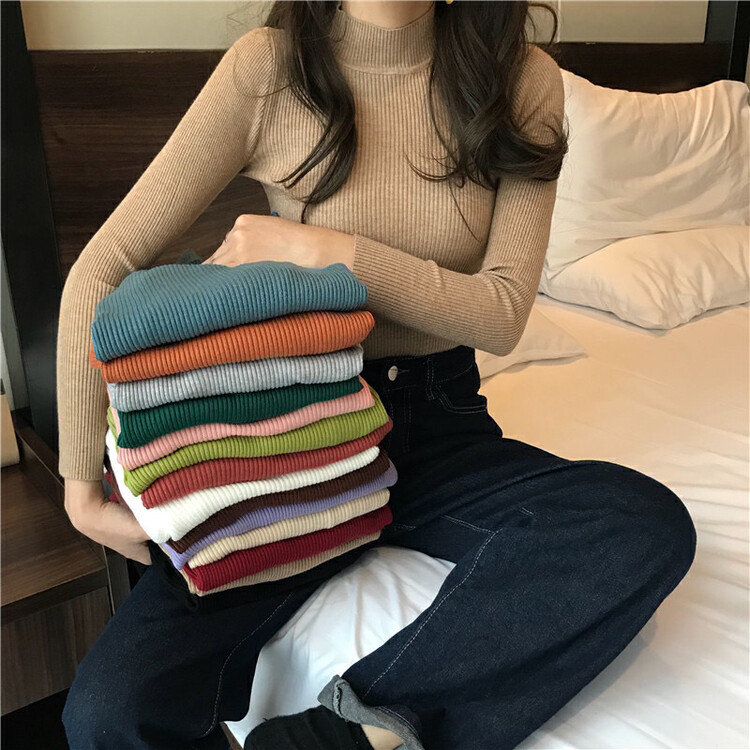 [Timely Rain] Half turtleneck candy color slim fit long-sleeved bottoming shirt 12229# WPL