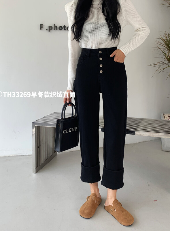 【T.H】Classic Breasted Stretch Straight Thick Thick Jeans 332690# LSW