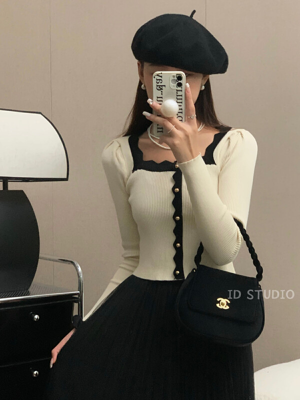 【I-D】Korean Style Contrast Square Collar Shirt 3301# L