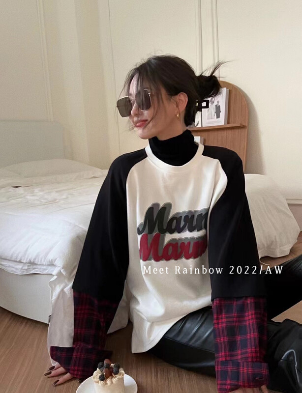 【MEET RAINBOW】Fashionable Korean version of the color contrast letter stitching plaid long-sleeved T-shirt 03039# LSL