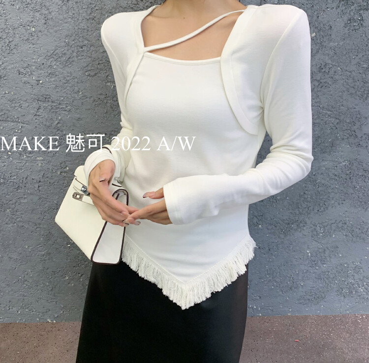 【MAKE】Solid color slim-fit fringed square-neck short shirt 80113# OZQ