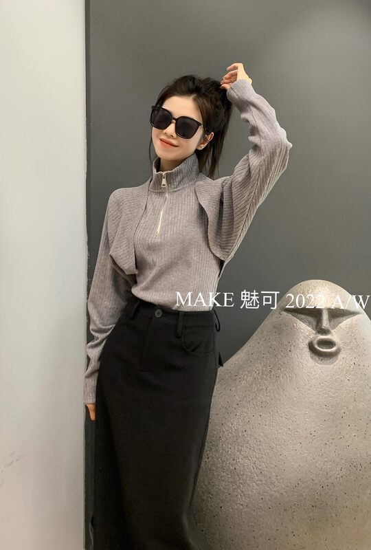 [MAKE Charm] Temperament women's high-neck half-zip vest + collarless raglan cloak short coat 50441# OZQ