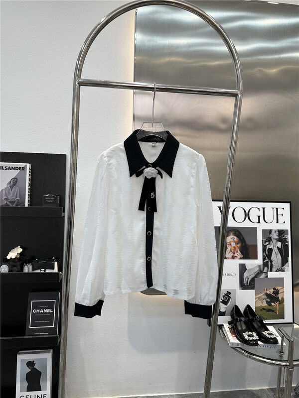 【LINNA】Color-blocking flower single-breasted temperament shirt (with detachable tie) 6979# JJ