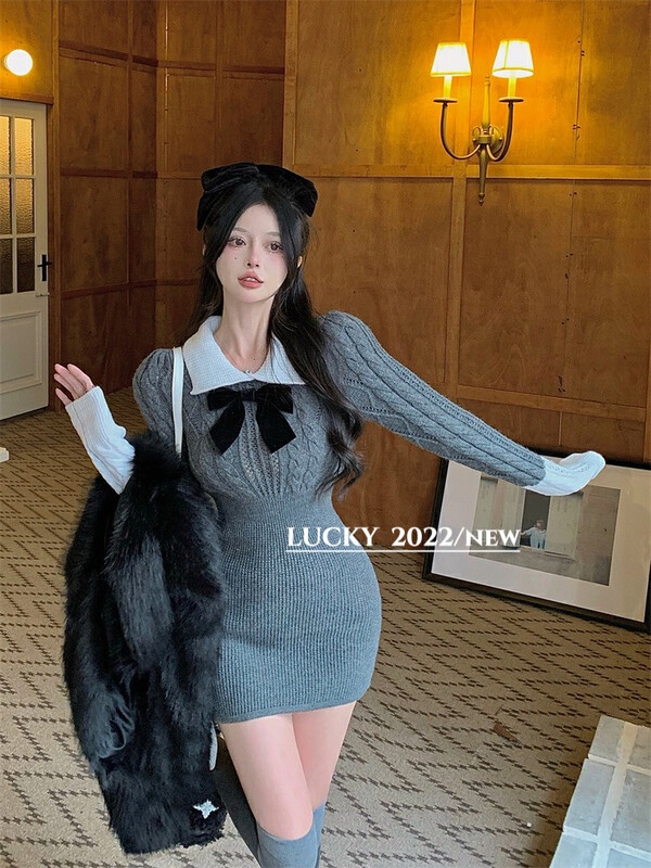 【LUCKY】College style high-end slim waist dress 9688# ZXX