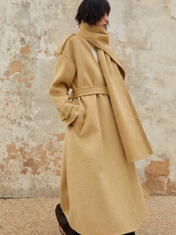 【WHITE】Fashion and high-end long wool coat (with belt, scarf) (including 100% wool) W-88698# GY