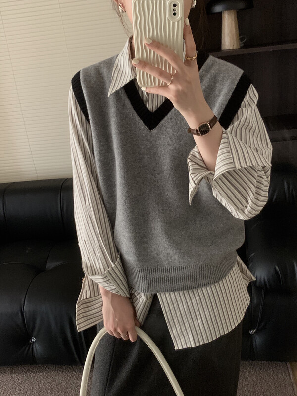 [ON LINE] 100% wool college style casual v-neck contrast color pullover vest containing 100 wool 551