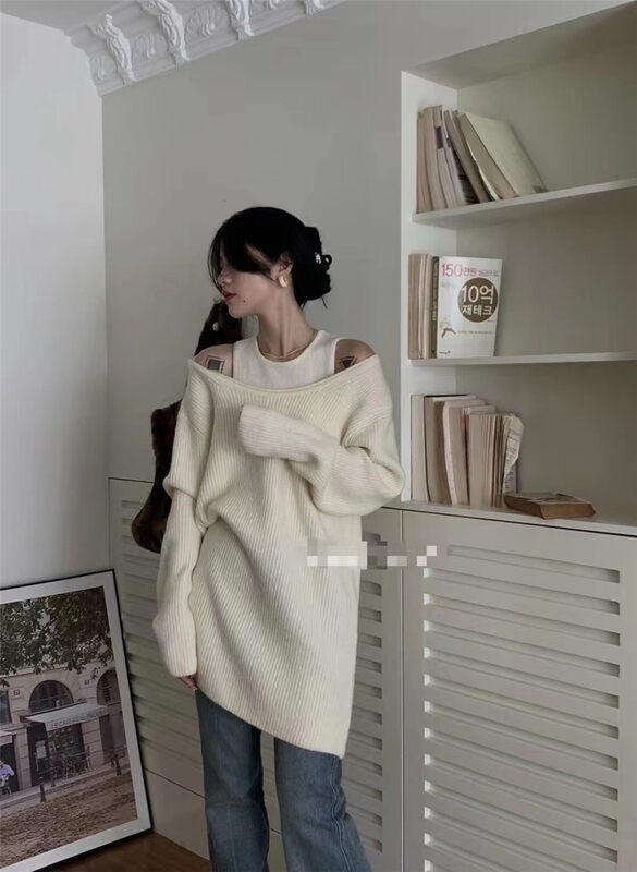 [Semi-plain] fake two-piece lazy off-the-shoulder warm sweater C8965# ZJY