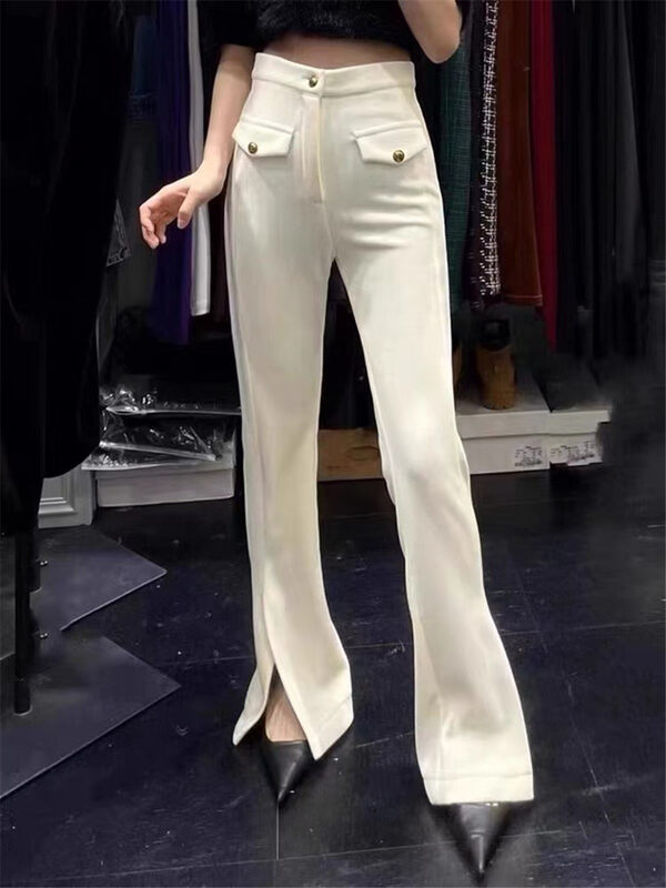 [Half-Plain] Temperament Micro-Flare Slit Plus Velvet Casual Pants H051# ZJY