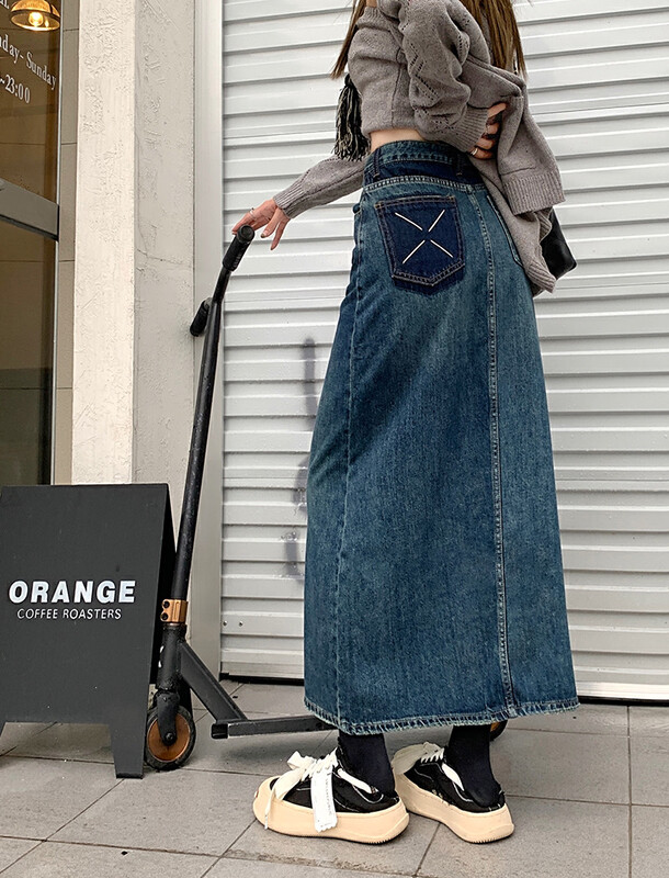 [Timely rain] Korean style ins retro pocket Maggie hit color high waist slim denim skirt M1119# WPL