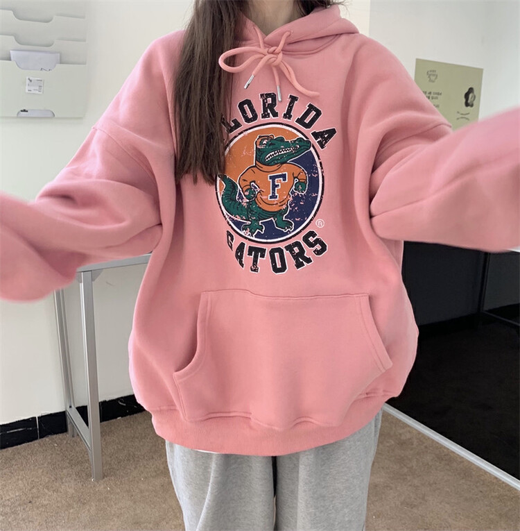 [Timely rain] Korean style ins small crocodile print loose all-match lazy style fleece hooded sweater B3165# WPL