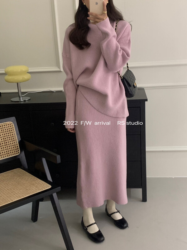【RS】Korean half turtleneck sweater + slim all-match skirt suit M2523# FHX