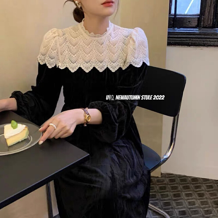 [U grain] Ladies style lace stitching gold velvet dress dress 1119