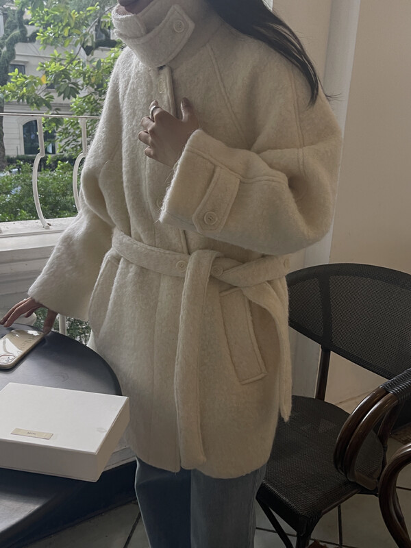 【ON LINE】Korean standard thick, gentle, small and fresh grainy mid-length belted wool coat 7250# JHY