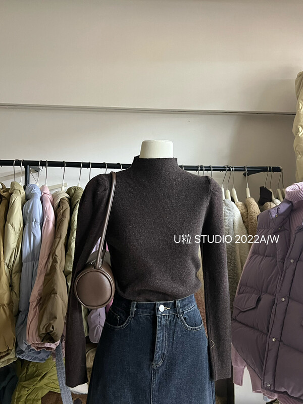 [U grain] Korean version of the puff sleeve flat collar bottoming sweater 1706