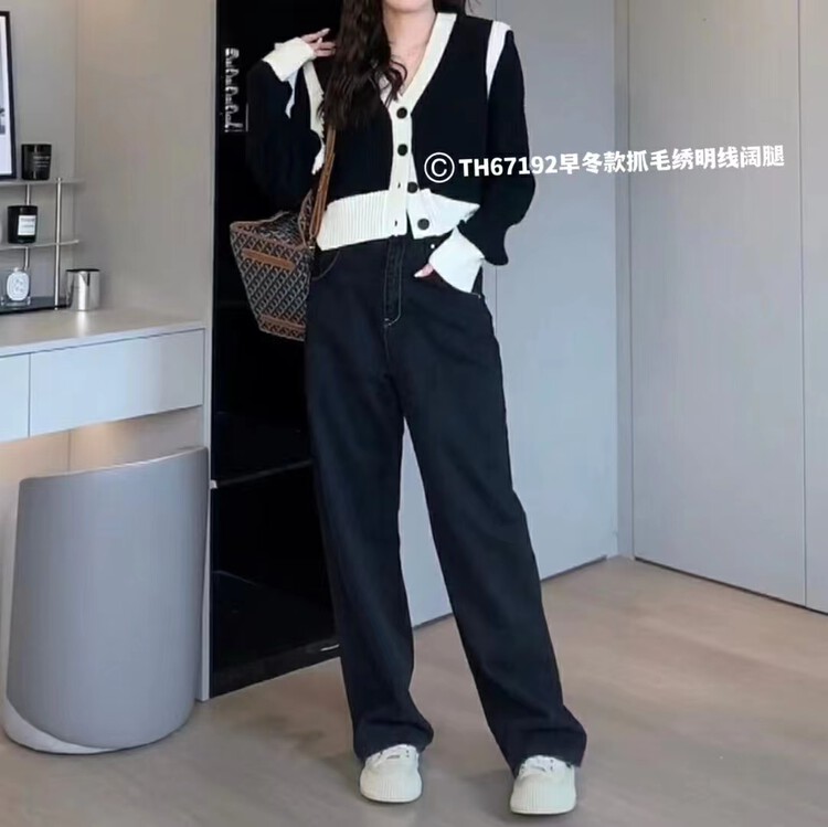 【T.H】Korean version of simple and versatile fleece stretch wide-leg jeans 671921# LSW