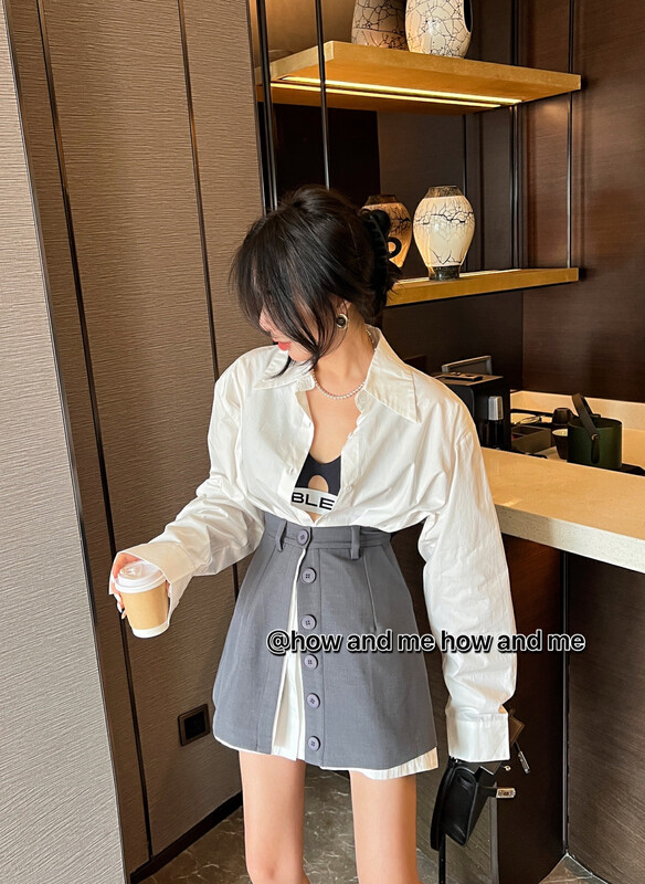 【 HOW AND ME Cheng Xi 】Korean version of simple design shirt + slim irregular skirt suit 5001# CQW
