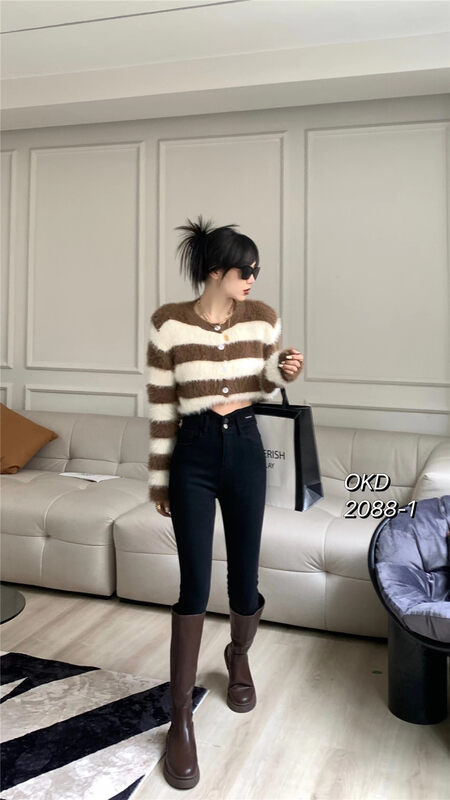 【OKD】Fashionable Korean Style Double Button High Waist Elastic Foot Composite Fleece Jeans 2088-1# GY