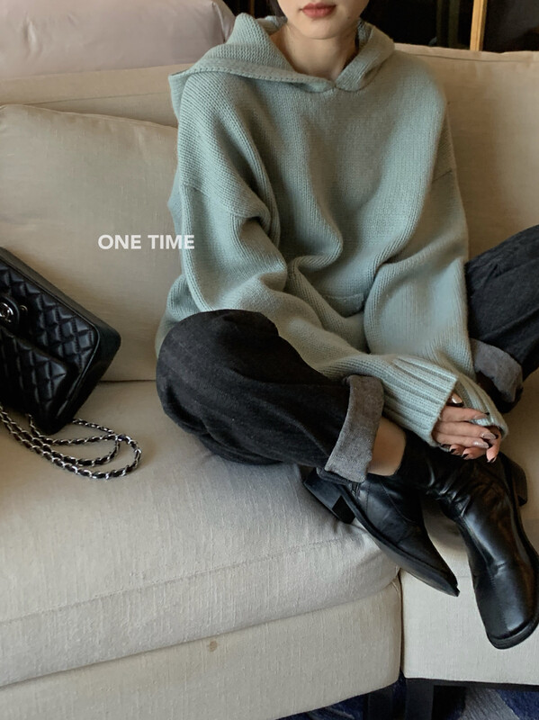 【ONE TIME】Solid Color Hooded Loose Thermal Sweater (with 100% Wool) OT7699# JHY