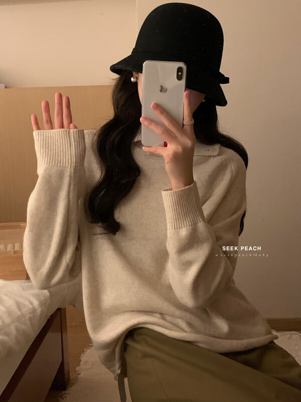 【SEEK PEACH】Korean Half Button Turtleneck Versatile Knit Sweater 1969# L