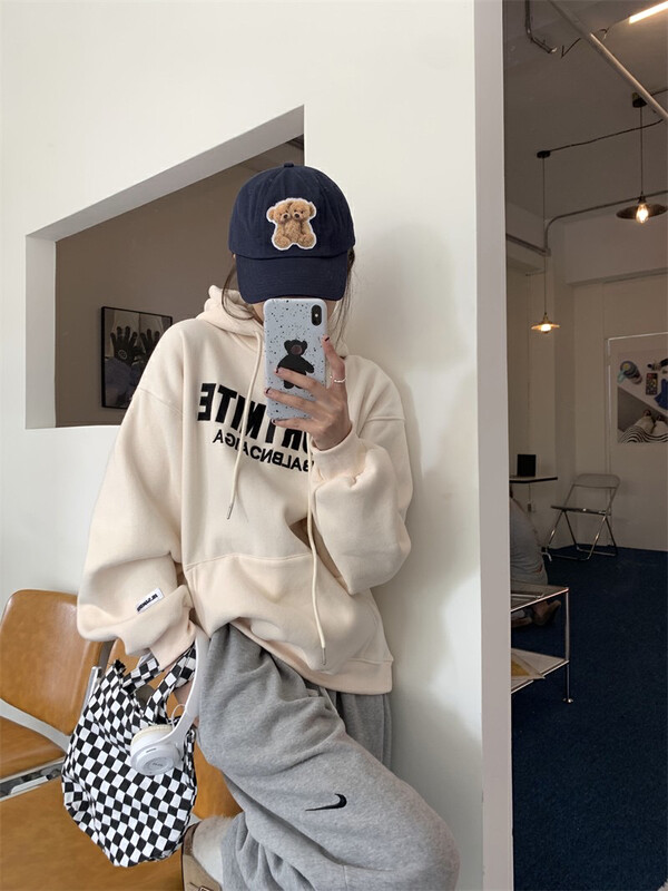 [Timely Rain] Versatile Lazy Embroidered Letters Loose Pullover Plus Fleece Sweater P1778# WPL