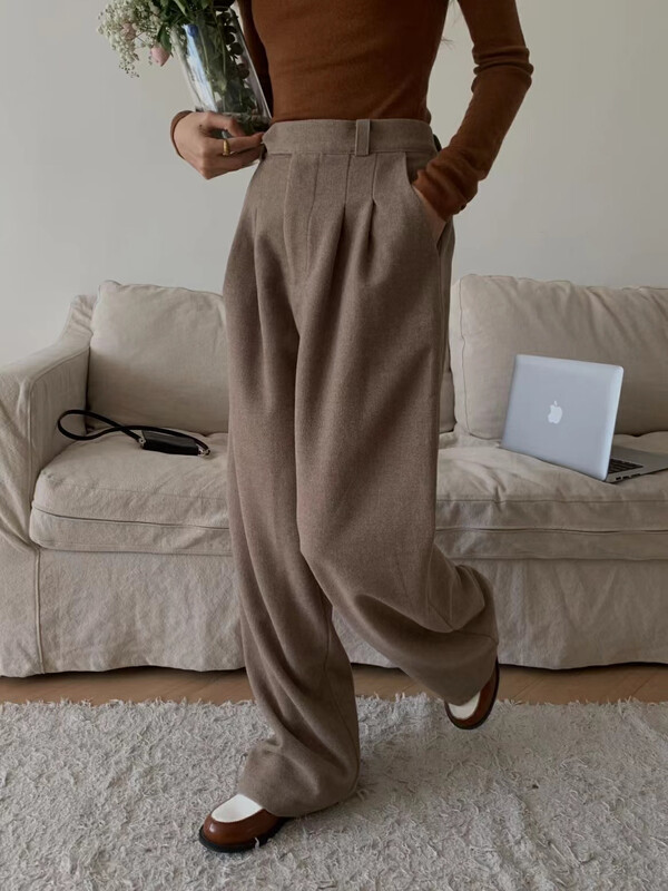 【ON LINE】Korean standard wool high waist drape loose wide leg all-match slim trousers half elastic waist 7229