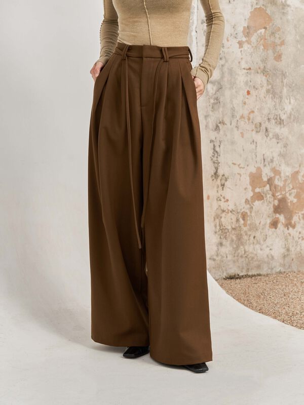 【WHITE】Fashionable loose big-name trousers (with waist rope) K77070# GY