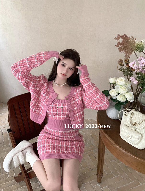 【LUCKY】Designed Small Fragrance Vest + High Waist Skirt + Comfortable Knitted Open Suit 9632# ZXX