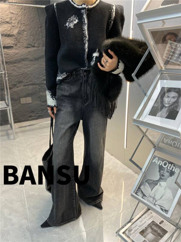 [Semi-plain] round neck contrast color distressed short coat 8960# ZJY