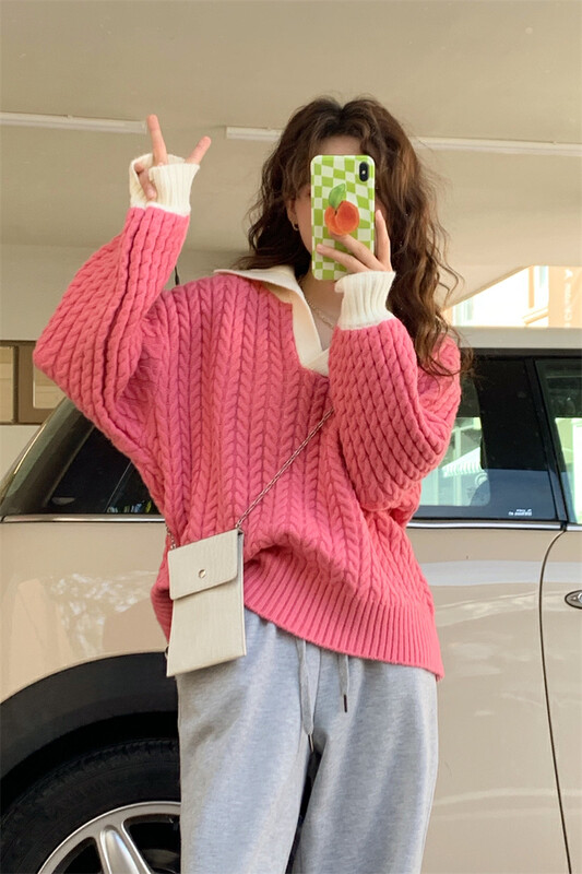 [Timely rain] Korean style ins retro sweet POLO collar temperament warm sweater 31580# WPL