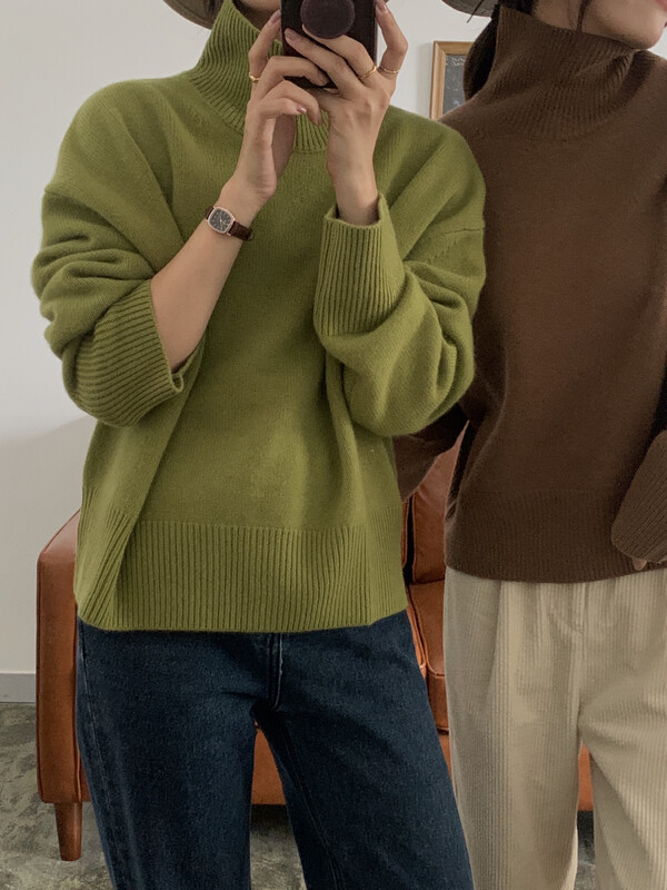 【ON LINE】100% wool Korean version loose threaded turtleneck solid color all-match sweater with 100 wool P518
